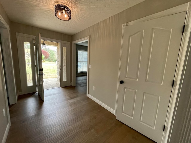 entrance foyer with dark hardwood / wood-style flooring and a textured ceiling