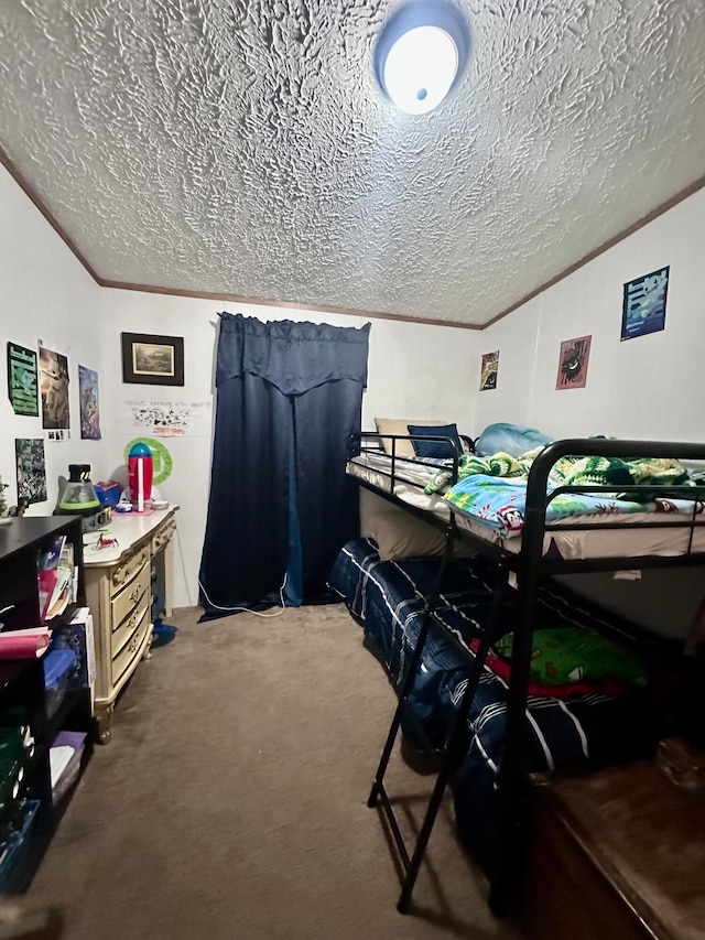 carpeted bedroom with vaulted ceiling, crown molding, and a textured ceiling