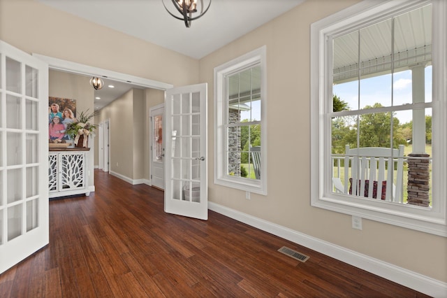 spare room with dark wood-type flooring, a wealth of natural light, and french doors