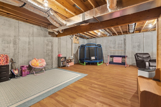 basement with wood-type flooring