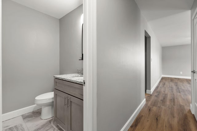 bathroom with hardwood / wood-style floors, vanity, and toilet