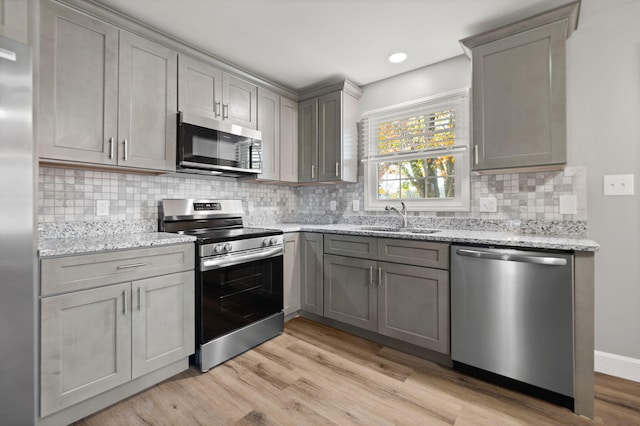 kitchen featuring light hardwood / wood-style flooring, sink, stainless steel appliances, and tasteful backsplash