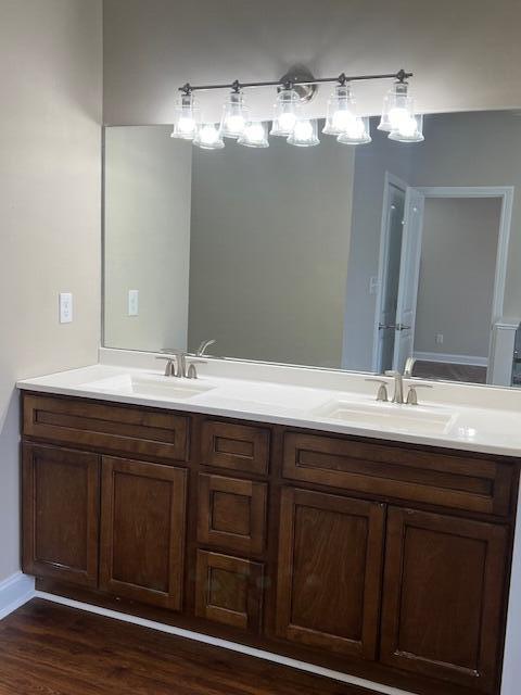 full bathroom with wood finished floors, a sink, and double vanity