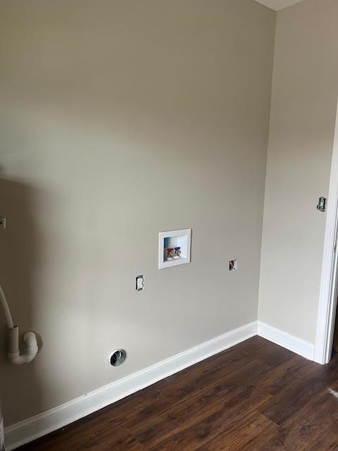 laundry room with hookup for a washing machine, laundry area, baseboards, and dark wood-style floors