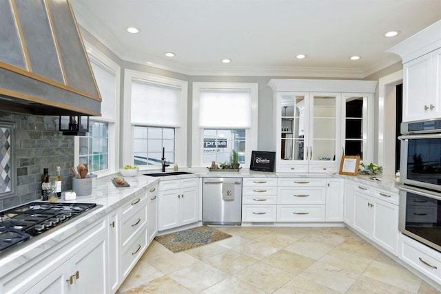 1602 Winners Cir # 41, Lexington, KY 40513 - kitchen with appliances with stainless steel finishes, ornamental molding, decorative backsplash, ventilation hood, and light stone countertops