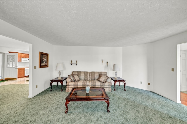 carpeted living room with a textured ceiling