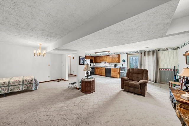 living room featuring light colored carpet, a textured ceiling, and a notable chandelier