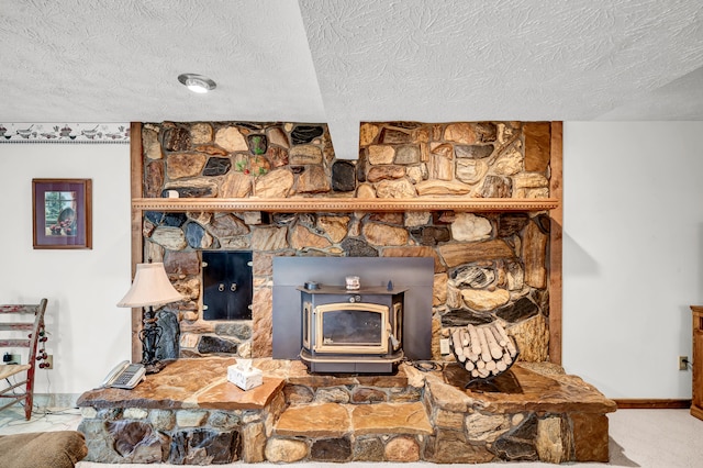 details featuring carpet flooring, a textured ceiling, and a wood stove