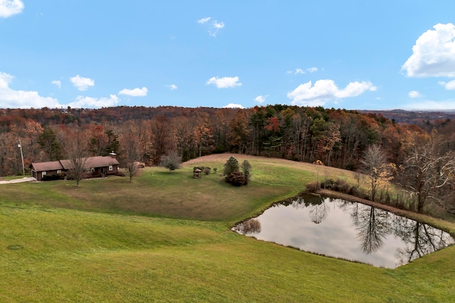 surrounding community with a water view and a yard