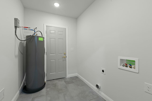 laundry area featuring hookup for an electric dryer, washer hookup, light tile patterned floors, and water heater