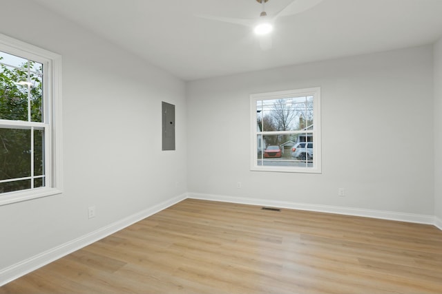 spare room with electric panel, light hardwood / wood-style floors, plenty of natural light, and ceiling fan