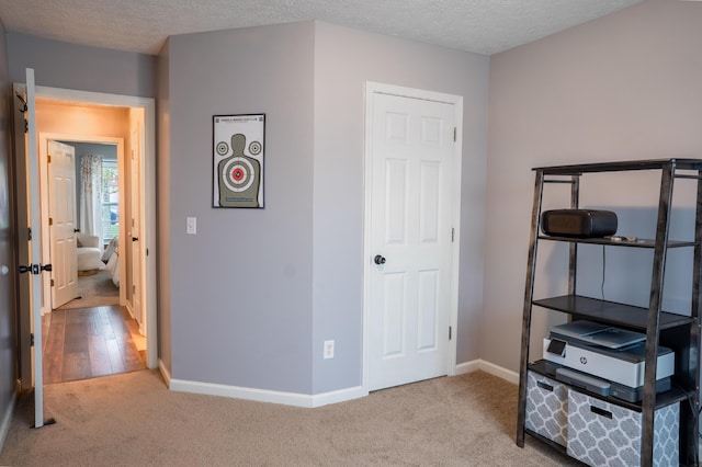 bedroom with light carpet and a textured ceiling