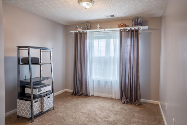 miscellaneous room with a textured ceiling and carpet floors