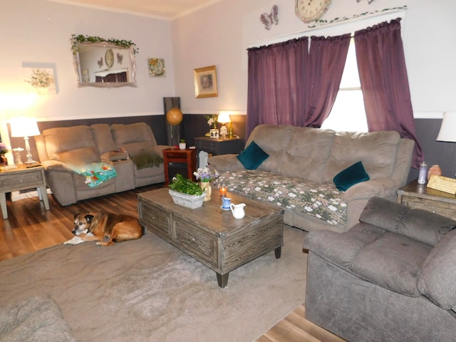 living room with hardwood / wood-style flooring and ornamental molding