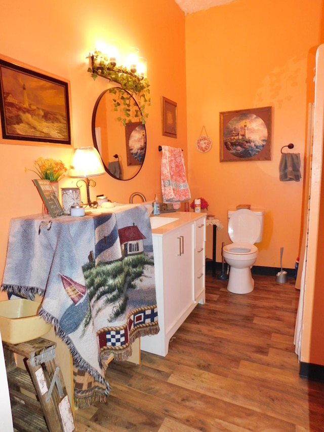 bathroom with vanity, wood-type flooring, and toilet