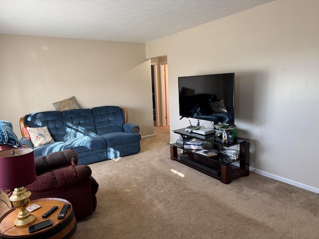 carpeted living room with a textured ceiling