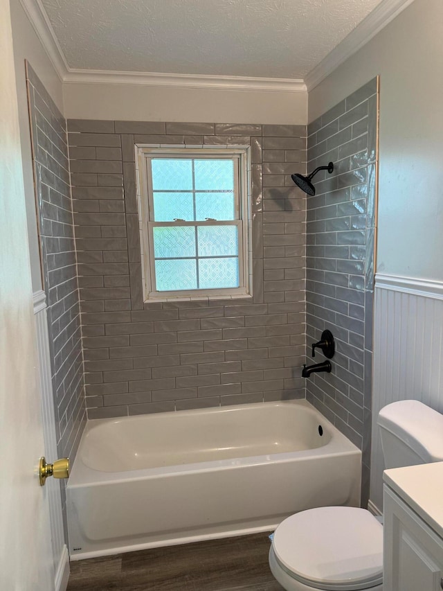 full bathroom with crown molding, wood-type flooring, and a textured ceiling