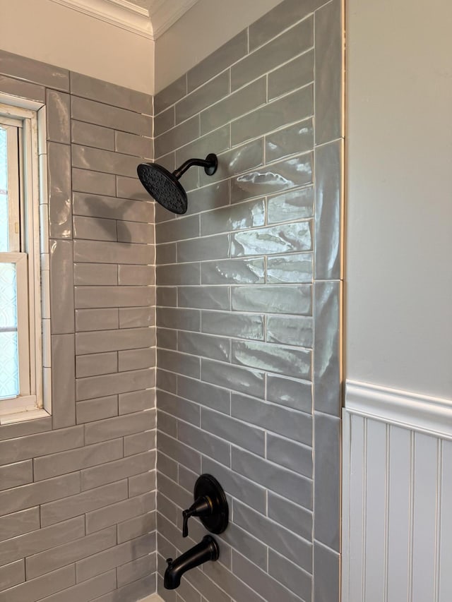 room details with shower / washtub combination, ornamental molding, and wainscoting