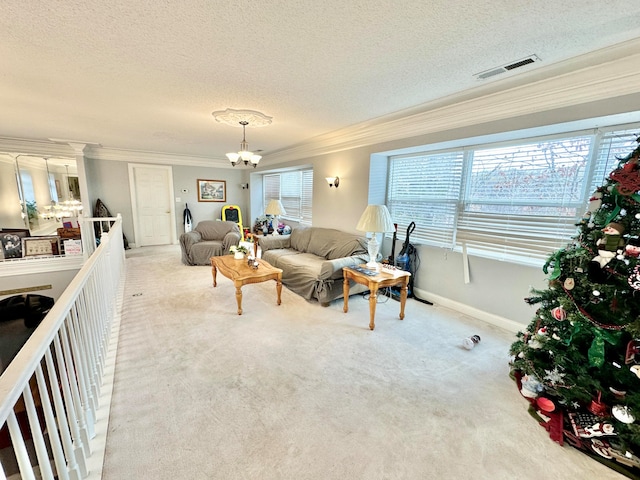 living room with crown molding, light carpet, and a chandelier