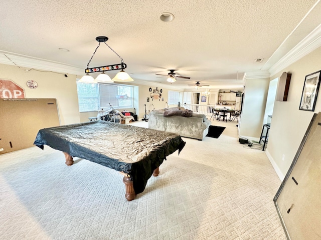 rec room featuring light carpet, ceiling fan, ornamental molding, and billiards