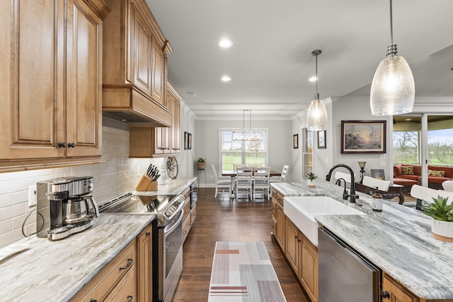 kitchen featuring decorative light fixtures, dark hardwood / wood-style flooring, stainless steel appliances, and sink