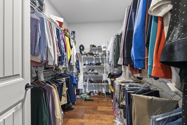 walk in closet featuring dark hardwood / wood-style flooring