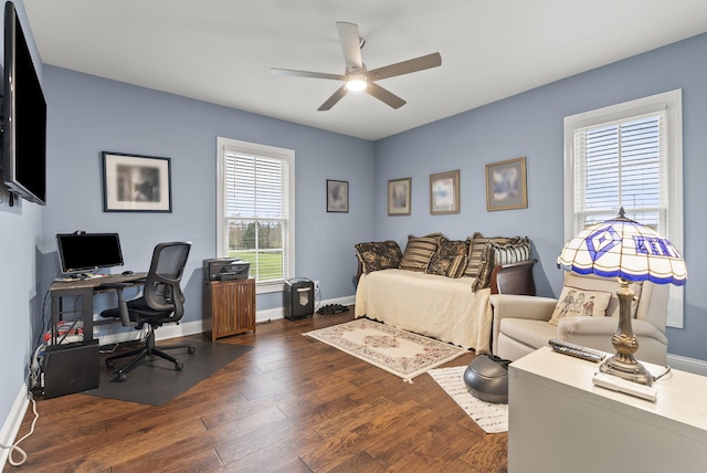 bedroom featuring ceiling fan and dark wood-type flooring