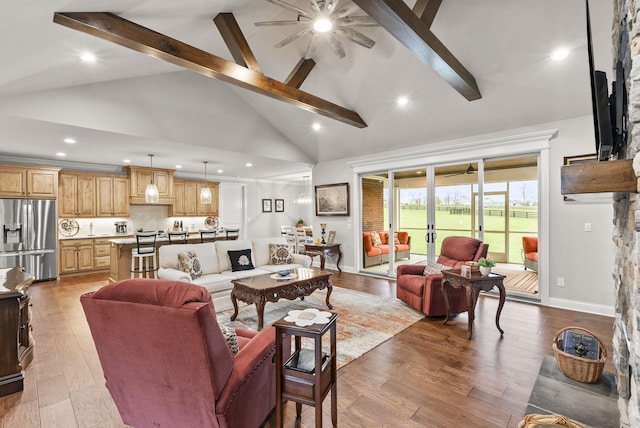 living room featuring high vaulted ceiling, french doors, hardwood / wood-style flooring, ceiling fan, and beam ceiling