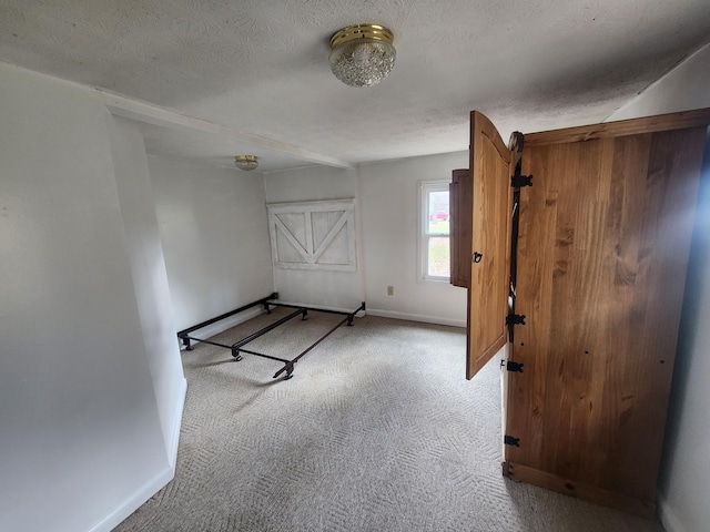 interior space featuring carpet and a textured ceiling