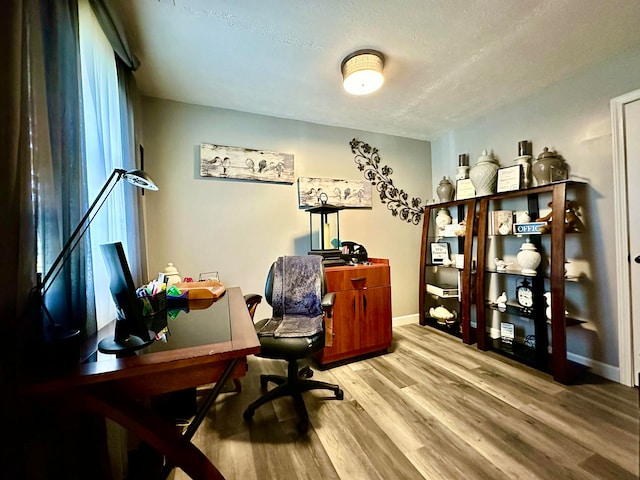 home office featuring a textured ceiling, light hardwood / wood-style flooring, and a wealth of natural light