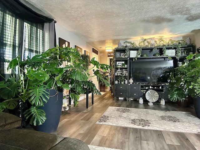 interior space with hardwood / wood-style flooring and a textured ceiling