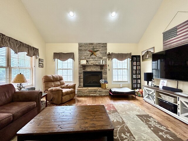 living room featuring wood-type flooring, high vaulted ceiling, and a stone fireplace