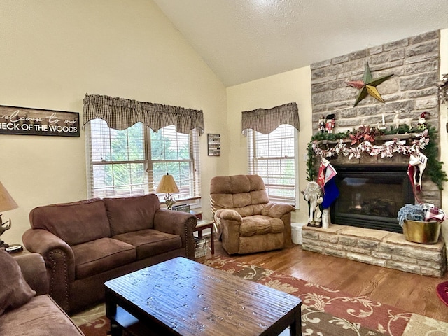 living room featuring a fireplace, wood-type flooring, and high vaulted ceiling