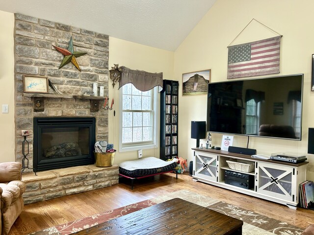 living room with wood-type flooring, high vaulted ceiling, and a stone fireplace