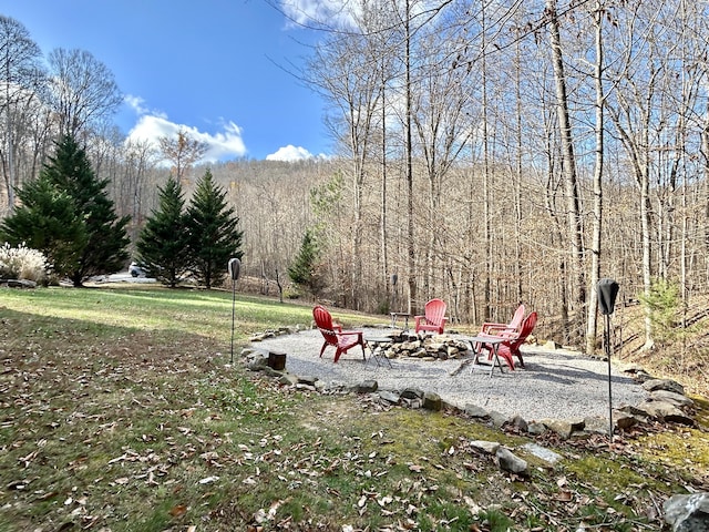 view of yard with a fire pit and a patio area