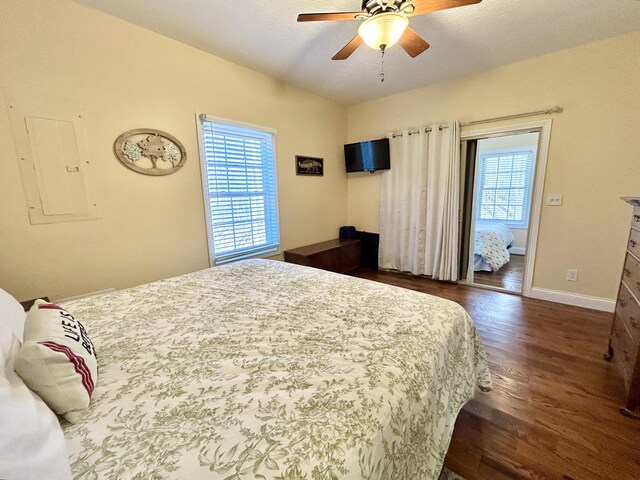 bedroom with a textured ceiling, ceiling fan, and dark wood-type flooring