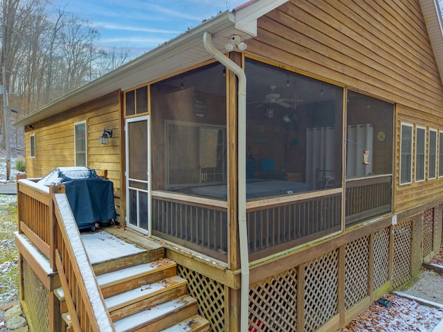 snow covered property featuring covered porch