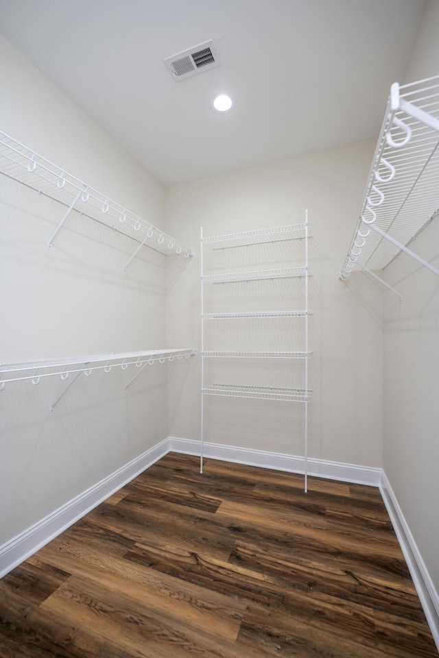 spacious closet with dark hardwood / wood-style flooring