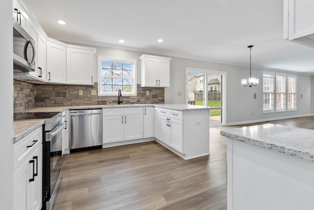 kitchen featuring stainless steel appliances, a sink, a peninsula, and ornamental molding