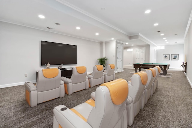 carpeted living room featuring recessed lighting, pool table, and baseboards