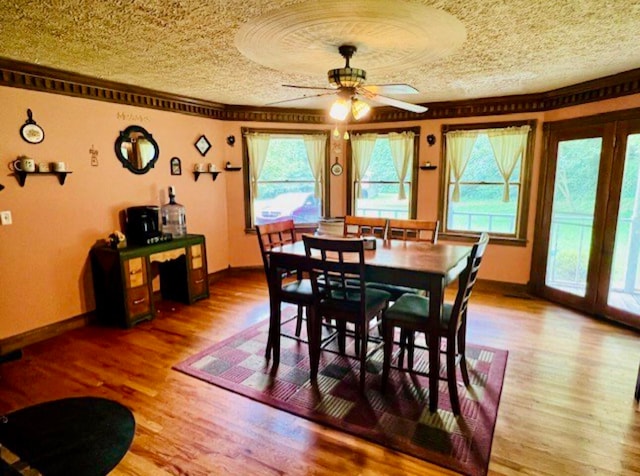 dining space featuring hardwood / wood-style floors, a textured ceiling, and ceiling fan