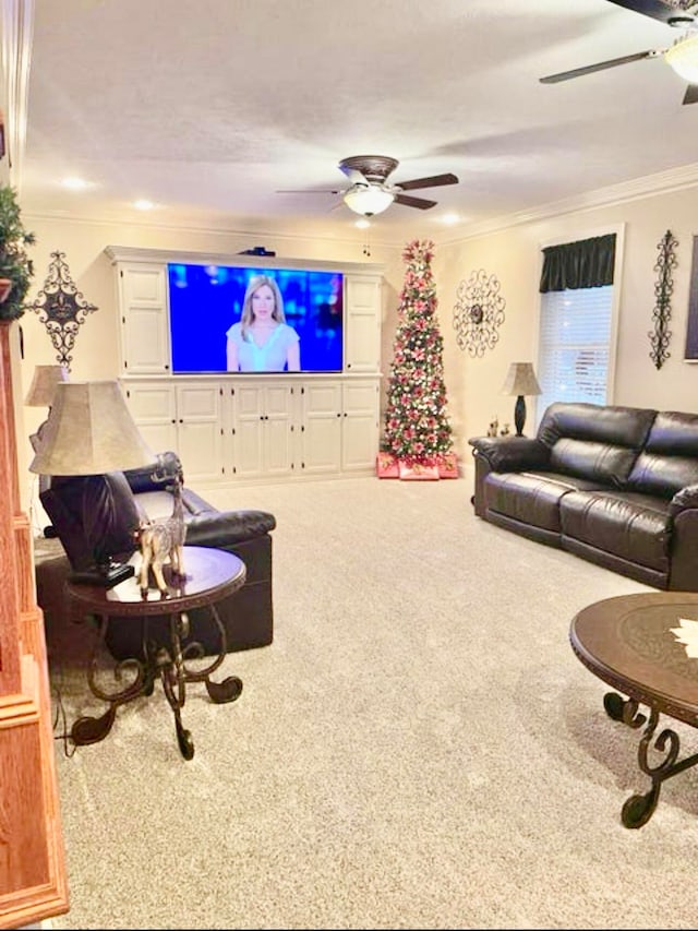 living room with ornamental molding and light carpet