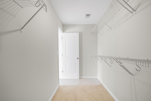 walk in closet with light carpet