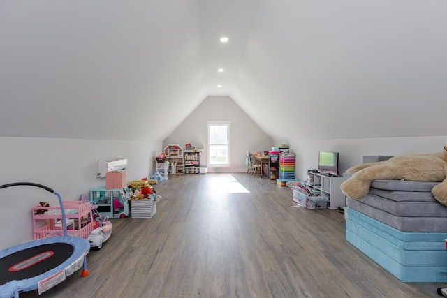 game room with lofted ceiling and wood-type flooring