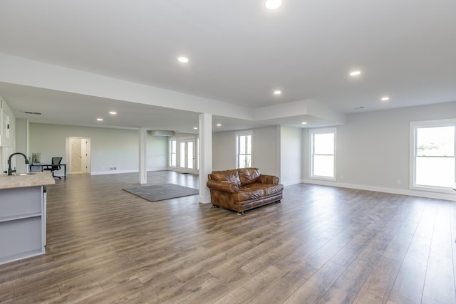 living room featuring sink and wood-type flooring