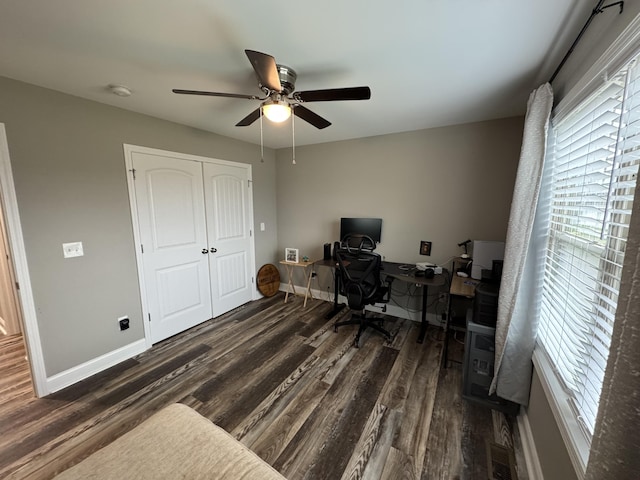 home office featuring ceiling fan and dark hardwood / wood-style floors