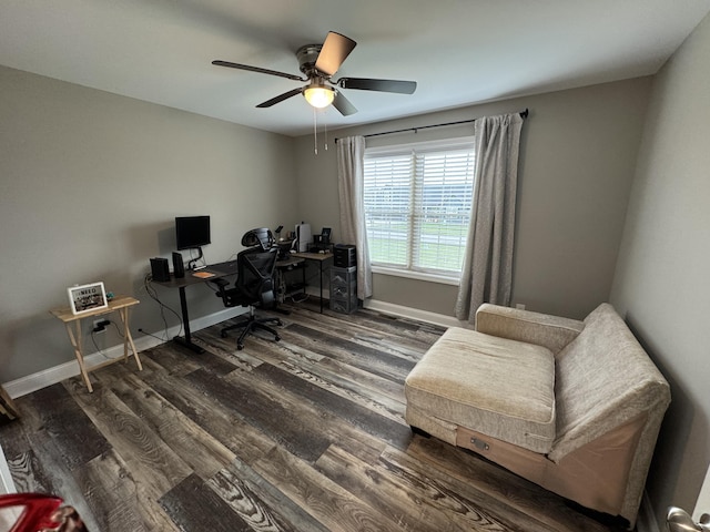 office area featuring ceiling fan and dark hardwood / wood-style floors