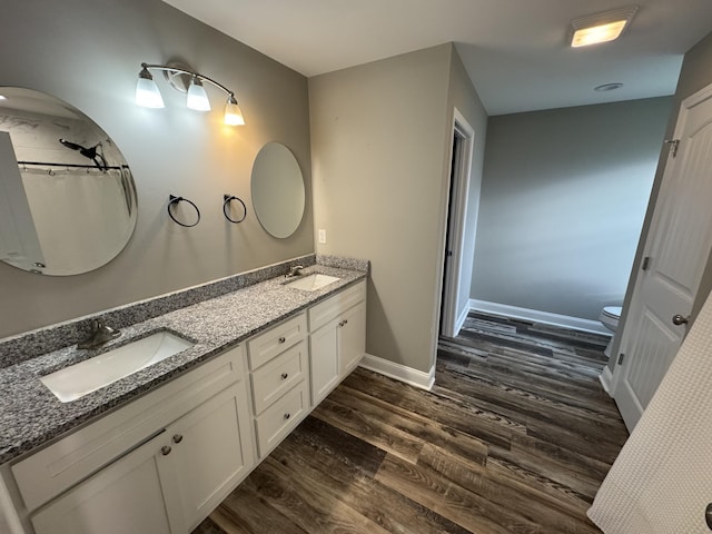 bathroom with vanity, wood-type flooring, and toilet