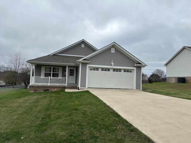 view of front of house featuring central AC, a front lawn, covered porch, and a garage