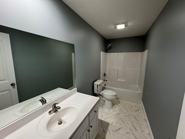 full bathroom featuring bathtub / shower combination, vanity, and toilet